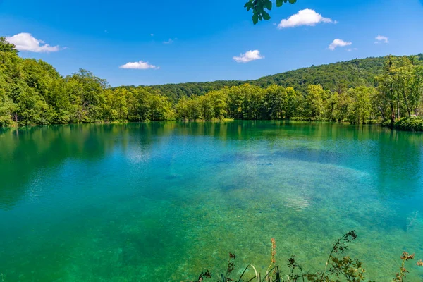Hırvatistan 'daki Plitvice Gölleri Ulusal Parkı' ndaki yaz gökyüzü suya yansıdı