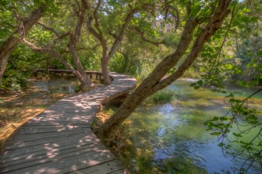 Hırvatistan 'daki Krka ulusal parkından geçen tahta kaldırım.