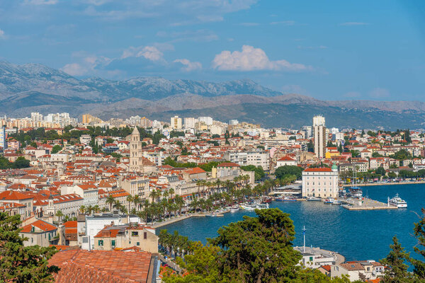 Aerial view of cityscape of Croatian city Split behind Riva promenade