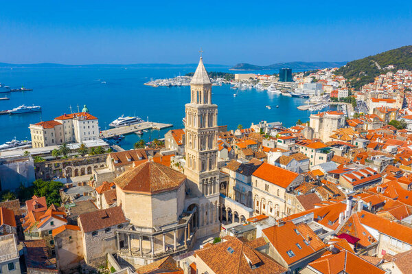 aerial view of old town of Split dominated by belltower of Saint Domnius cathedral, Croatia