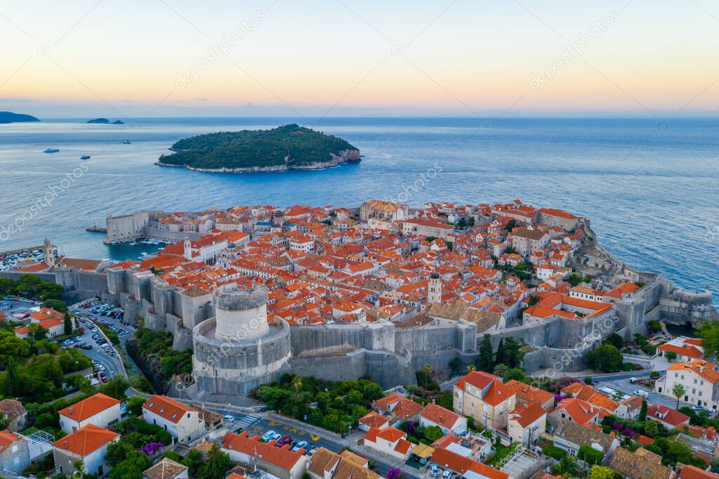 Sunrise aerial view of the old town of Dubrovnik, Croatia