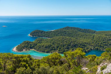 Hırvatistan 'ın Mljet milli parkındaki Soline köyündeki bir körfezin havadan görüntüsü