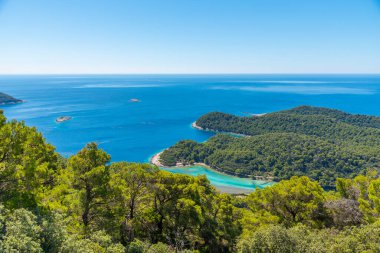 Hırvatistan 'ın Mljet milli parkındaki Soline köyündeki bir körfezin havadan görüntüsü