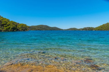 Hırvatistan 'daki Mljet ulusal parkında Veliko Jezero' nun turkuaz suyu