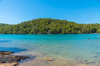 Malo Jezero 'nun turkuaz suyu Hırvatistan' daki Mljet ulusal parkında