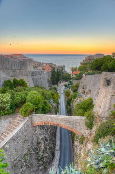 Salida Del Sol Vista Fortificación Ciudad Croata Dubrovnik — Foto de Stock