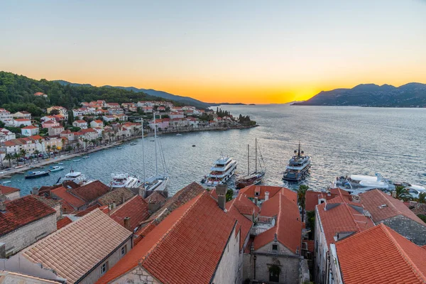 Pohled Západ Slunce Střechy Korčule Chorvatsko — Stock fotografie