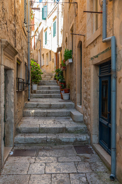 View of a narrow street in the old town of Korcula, Croatia