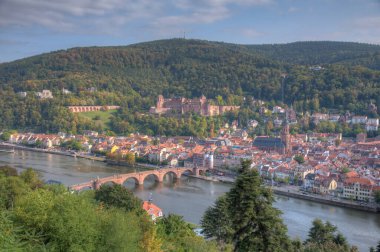 Almanya 'nın Neckar nehrinin arkasındaki Heidelberg Panoraması