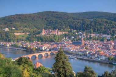 Almanya 'nın Neckar nehrinin arkasındaki Heidelberg Panoraması
