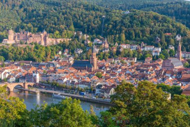 Almanya 'nın Neckar nehrinin arkasındaki Heidelberg Panoraması