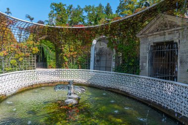 Almanya 'da Schwetzingen Sarayı bahçelerindeki kuş çeşmesi güneşli yaz gününde