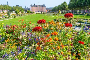 Almanya 'da Schwetzingen Sarayı çiçek açan bir bahçeden görüldü