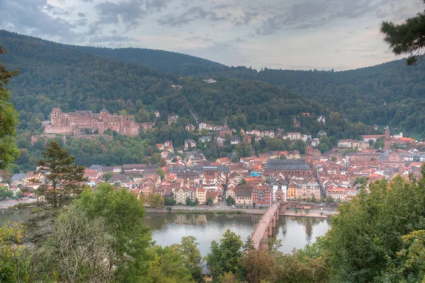 Almanya Nın Neckar Nehrinin Arkasındaki Heidelberg Panoraması — Stok fotoğraf