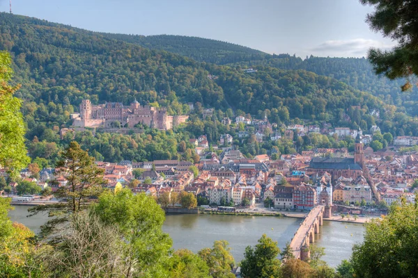 Almanya Nın Neckar Nehrinin Arkasındaki Heidelberg Panoraması — Stok fotoğraf