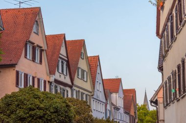 Tubingen, Almanya 'da Neckar nehri kıyısındaki renkli evler.
