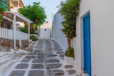 Yunanistan 'ın eski Mykonos kentindeki White Caddesi
