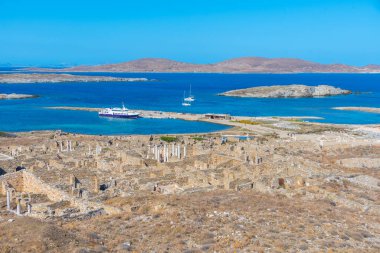 Yunanistan 'ın Delos adasındaki antik harabelerin Panorama manzarası