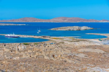 Yunanistan 'ın Delos adasındaki antik harabelerin Panorama manzarası