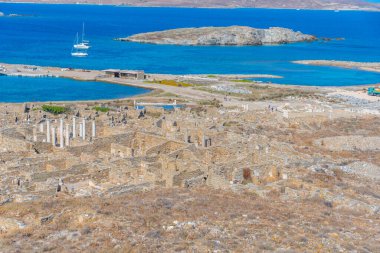 Yunanistan 'ın Delos adasındaki antik harabelerin Panorama manzarası