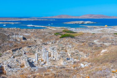 Yunanistan 'ın Delos adasındaki antik harabelerin Panorama manzarası
