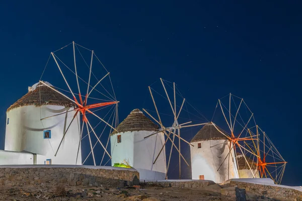 Night View Windmills Overlooking Aegean Sea Mykonos Greece — Stock Photo, Image