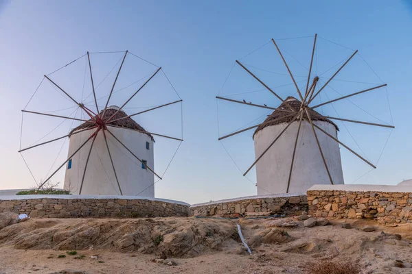 Sunrise View Windmills Overlooking Aegean Sea Mykonos Greece — Stock Photo, Image