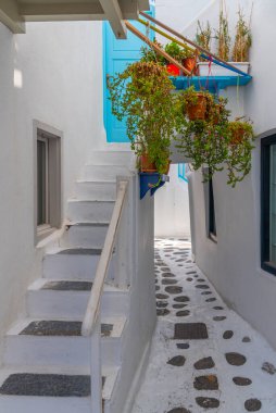 Yunanistan 'ın eski Mykonos kentindeki White Caddesi