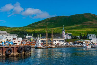 Husavik, İzlanda Limanı manzarası