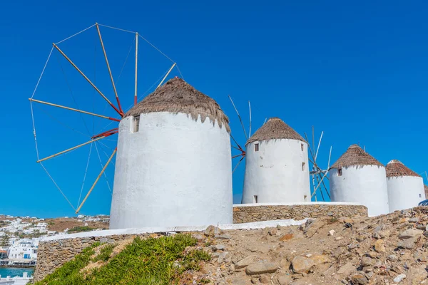 Windmills Overlooking Aegean Sea Mykonos Greece — Stock Photo, Image