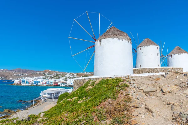 Windmills Overlooking Aegean Sea Mykonos Greece — Stock Photo, Image