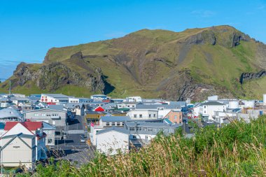 Heimaey Adası 'ndaki evlerin çatıları, İzlanda' nın Vestmannaeyjar takımadasının bir parçası.