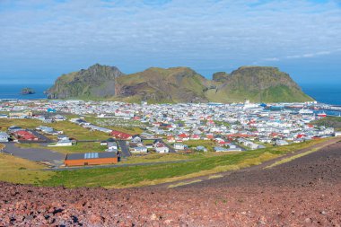 Heimaey Adası 'ndaki evlerin çatıları, İzlanda' nın Vestmannaeyjar takımadasının bir parçası.