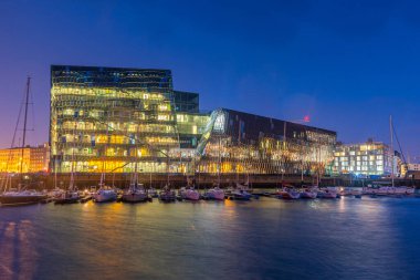 Reykjavik, İzlanda 'daki Harpa konser salonunun gece görüşü