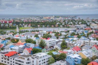 Reykjavik, İzlanda şehir merkezinin hava görüntüsü