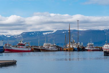 Husavik, İzlanda, 17 Ağustos 2020: Husavik, İzlanda limanına demir atan tekneler