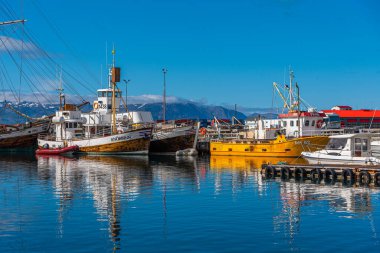 Husavik, İzlanda, 17 Ağustos 2020: Husavik, İzlanda limanına demir atan tekneler
