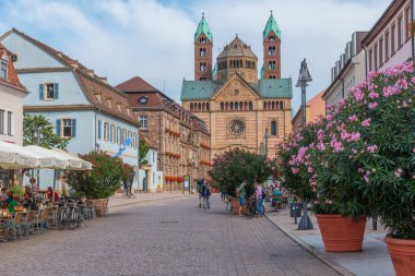 Speyer, Almanya, 16 Eylül 2020: Almanya 'nın Speyer kentindeki Maximilianstrasse' nin sonundaki katedralin görüntüsü