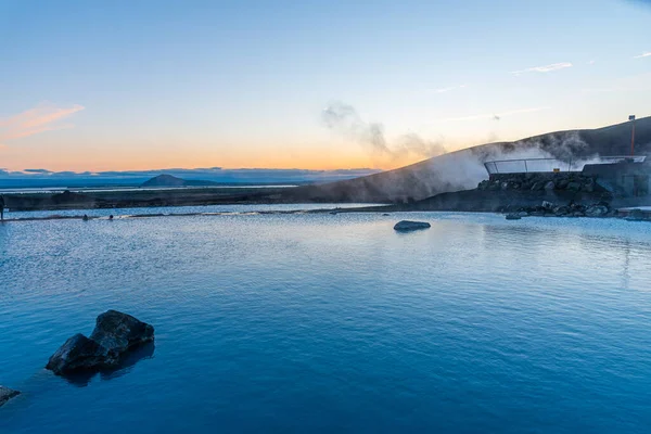Pôr Sol Vista Myvatn Banho Natural Islândia — Fotografia de Stock