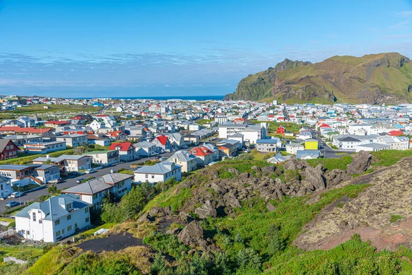 Heimaey Adası 'ndaki evlerin çatıları, İzlanda' nın Vestmannaeyjar takımadasının bir parçası.