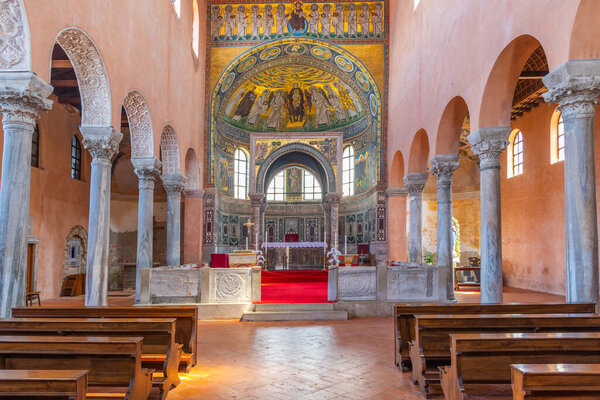 Porec, Croatia, July 31, 2020: Beautiful interior of the episcopal basilica in Porec, Croatia