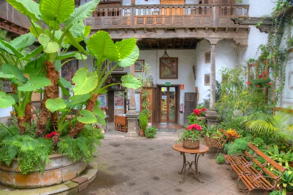 La Orotava, İspanya, Janury 12, 2021: La Orotava, Tenerife, İspanya 'nın eski kasabasındaki Casa de los Balcones' de avlu.
