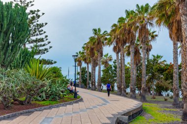 Puerto de la Cruz, İspanya, Janury 3, 2021: İnsanlar Puerto de la Cruz, Tenerife, İspanya, Kanarya Adaları 'nda sahil yürüyüşü yapıyorlar.