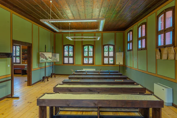 Perushtitsa Bulharsko Června 2020 Interiér Tradiční Školy Vystavené Etnografickém Komplexu — Stock fotografie