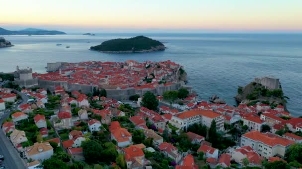 Solnedgång Flygfoto Den Gamla Staden Dubrovnik Kroatien — Stockvideo