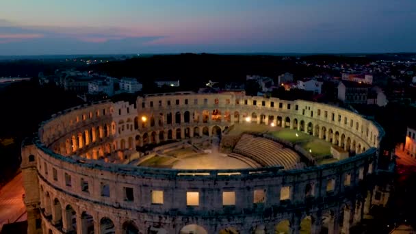 Sonnenuntergang Luftaufnahme Des Römischen Amphitheaters Pula Kroatien — Stockvideo