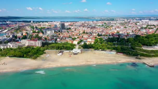 Αεροφωτογραφία Της Κύριας Παραλίας Της Βουλγαρικής Πόλης Μπουργκάς — Αρχείο Βίντεο