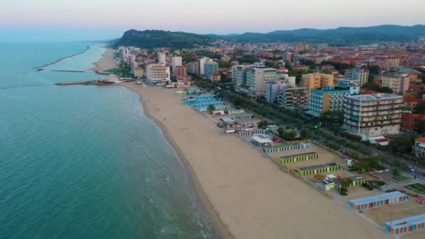 Sunset Aerial View Beach Italian Town Pesaro — Stock Video