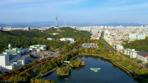 Flygfoto Över Tornet Bakom Konstgjord Sjö Daegu Sydkorea — Stockvideo