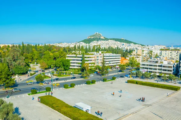 Atenas Grécia Dezembro 2015 Vista Uma Pequena Praça Frente Estádio — Fotografia de Stock